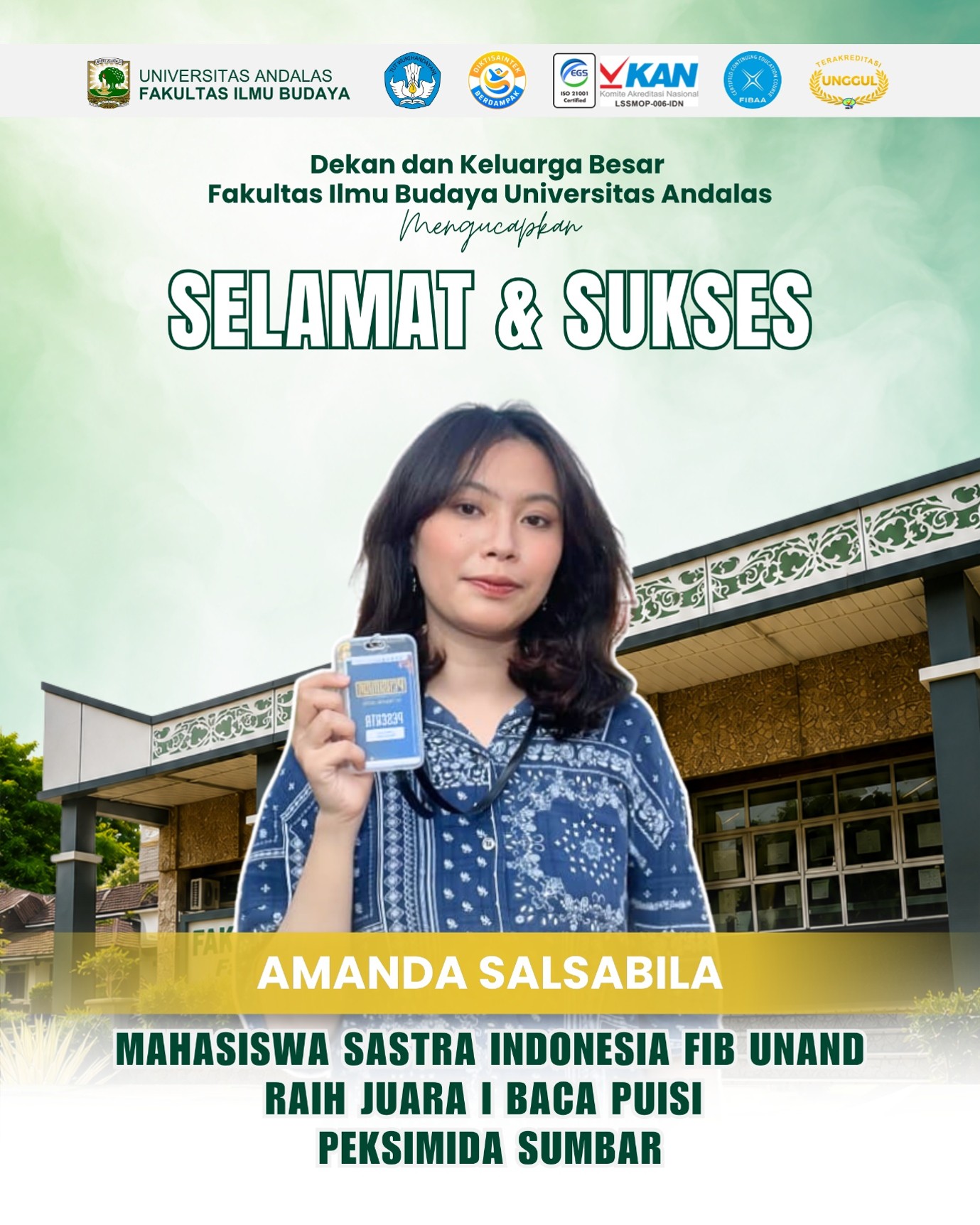 Amanda Salsabila Mahasiswa Sastra Indonesia FIB Unand Raih Juara I Baca Puisi PEKSIMIDA Sumatera Barat