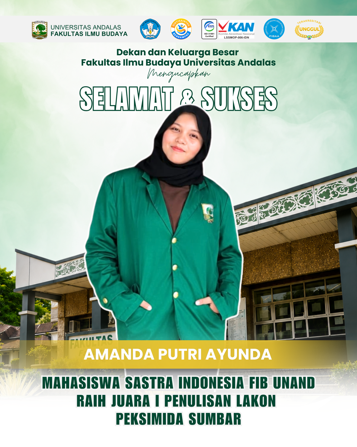 Amanda Putri Ayunda Mahasiswa Sastra Indonesia FIB Unand Raih Juara I Penulisan Lakon PEKSIMIDA Sumbar